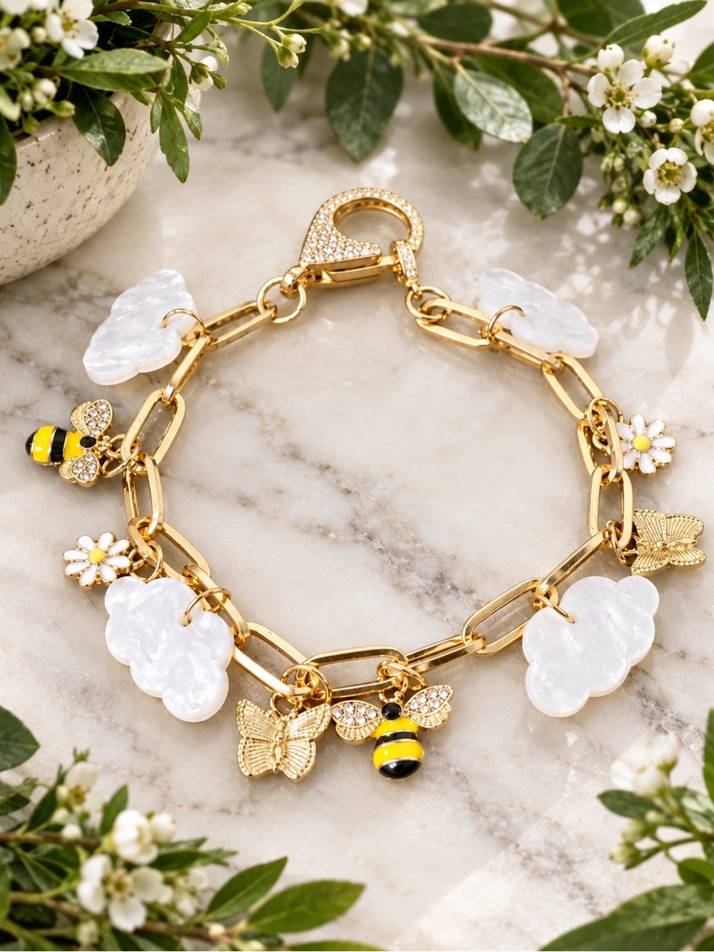 Gold Paper Clip Charm Bracelet, Jumbo Pave Clasp